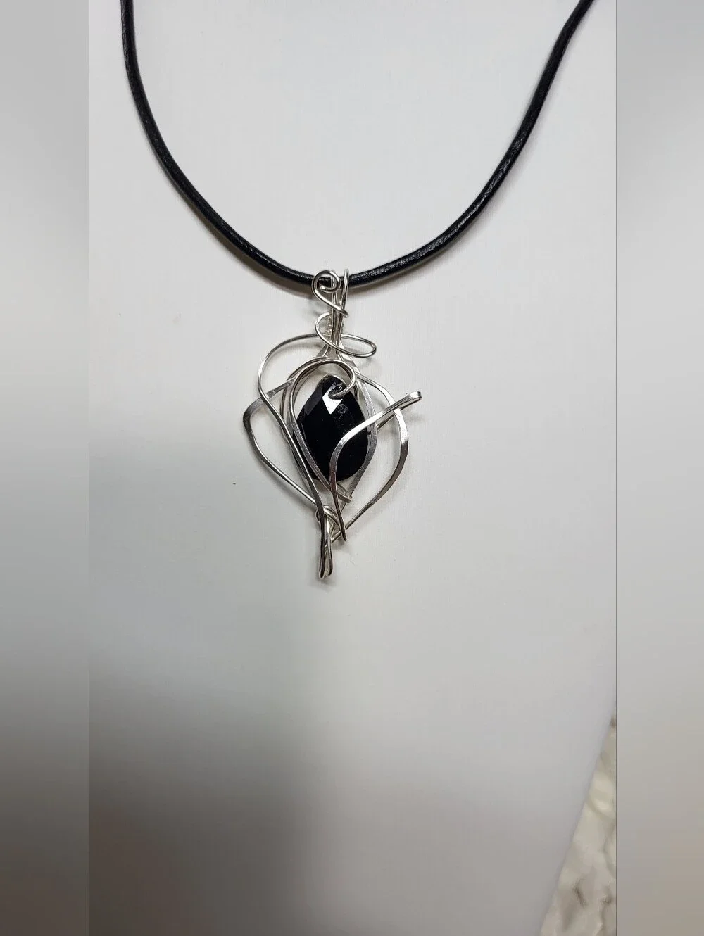 Black Onyx Wire-Wrapped Pendant Necklace with Silver Plated Copper Wire